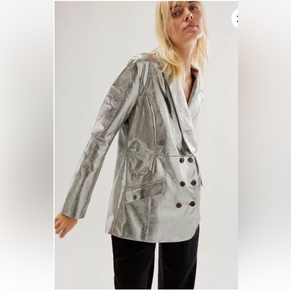 Free People Nicholas K Elise Blazer Jacket Silver Metallic Ruffle Cut Out Back
